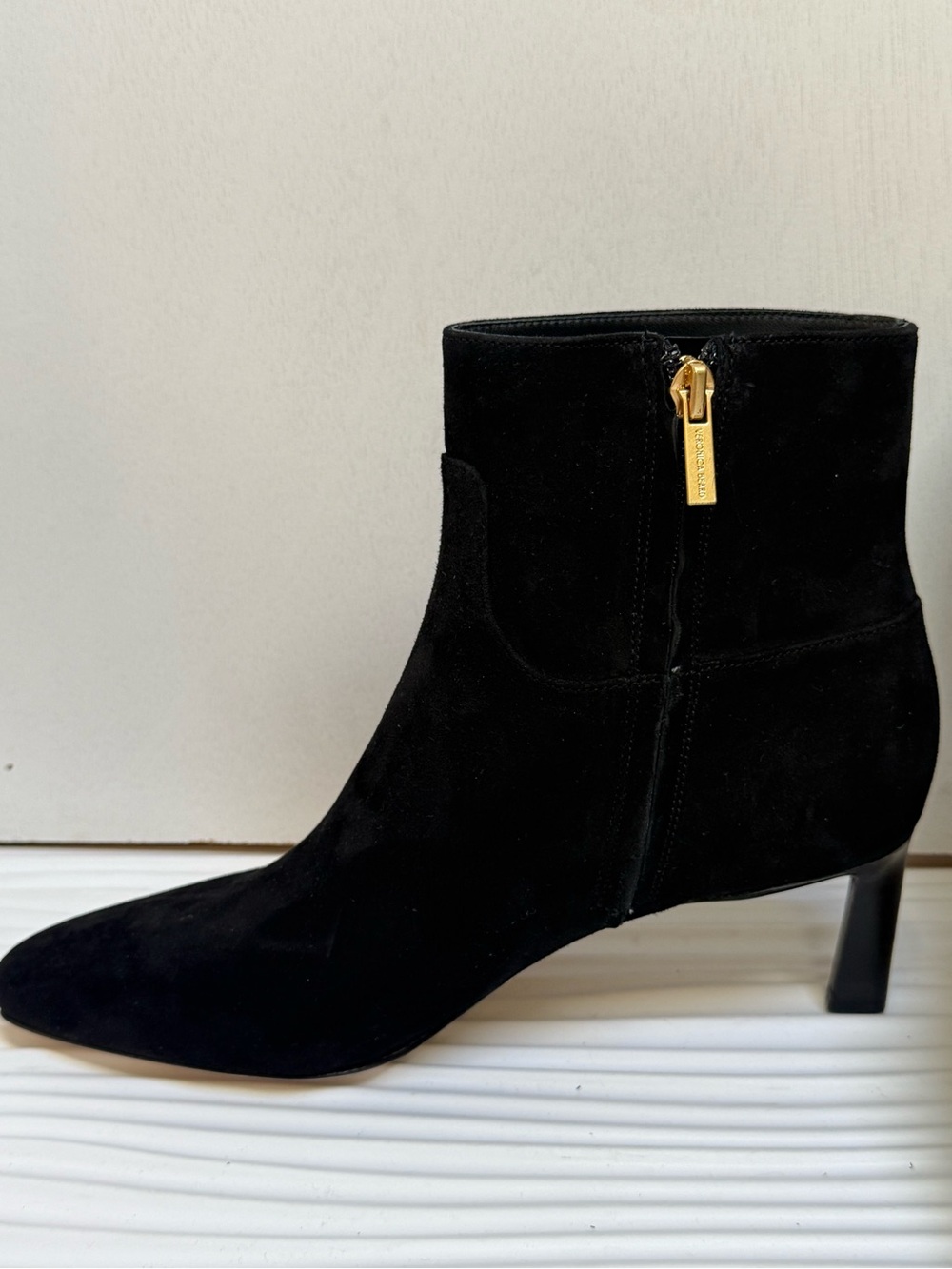 Veronica Beard Black Suede Ankle Boot with Gold Zip Pull Kelby Bootie